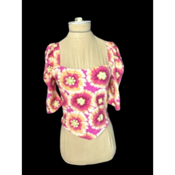 Free People Floral Crop Top Detailed Back Square Neck Short Sleeves Boho Size S - Picture 1 of 3